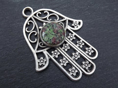 Large Hamsa Pendant With Green Gemstone Accent, Silver Hand of Fatima,  Purple Green Jasper Stone, Protection symbol, Antique Silver, 1PC