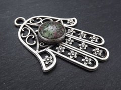 Large Hamsa Pendant With Green Gemstone Accent, Silver Hand of Fatima,  Purple Green Jasper Stone, Protection symbol, Antique Silver, 1PC