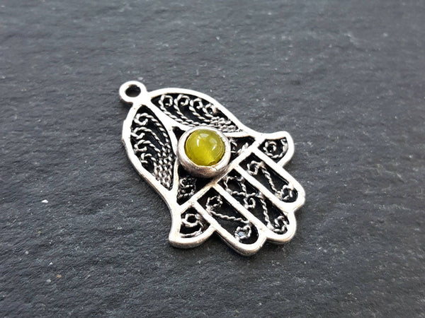Yellow Jade Stone Filigree Hand of Fatima Hamsa Pendant Charm, Silver charm, Boho Bohemian Ethnic Jewelry Antique Matte Silver Plated