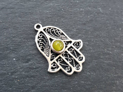 Yellow Jade Stone Filigree Hand of Fatima Hamsa Pendant Charm, Silver charm, Boho Bohemian Ethnic Jewelry Antique Matte Silver Plated