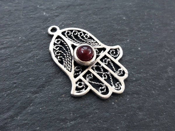 Garnet Red Jade Stone Filigree Hand of Fatima Hamsa Pendant Charm, Silver charm, Boho Bohemian Ethnic Jewelry Antique Matte Silver Plated