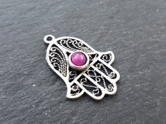 Hot Pink Jade Stone Filigree Hand of Fatima Hamsa Pendant Charm, Silver charm, Boho Bohemian Ethnic Jewelry Antique Matte Silver Plated