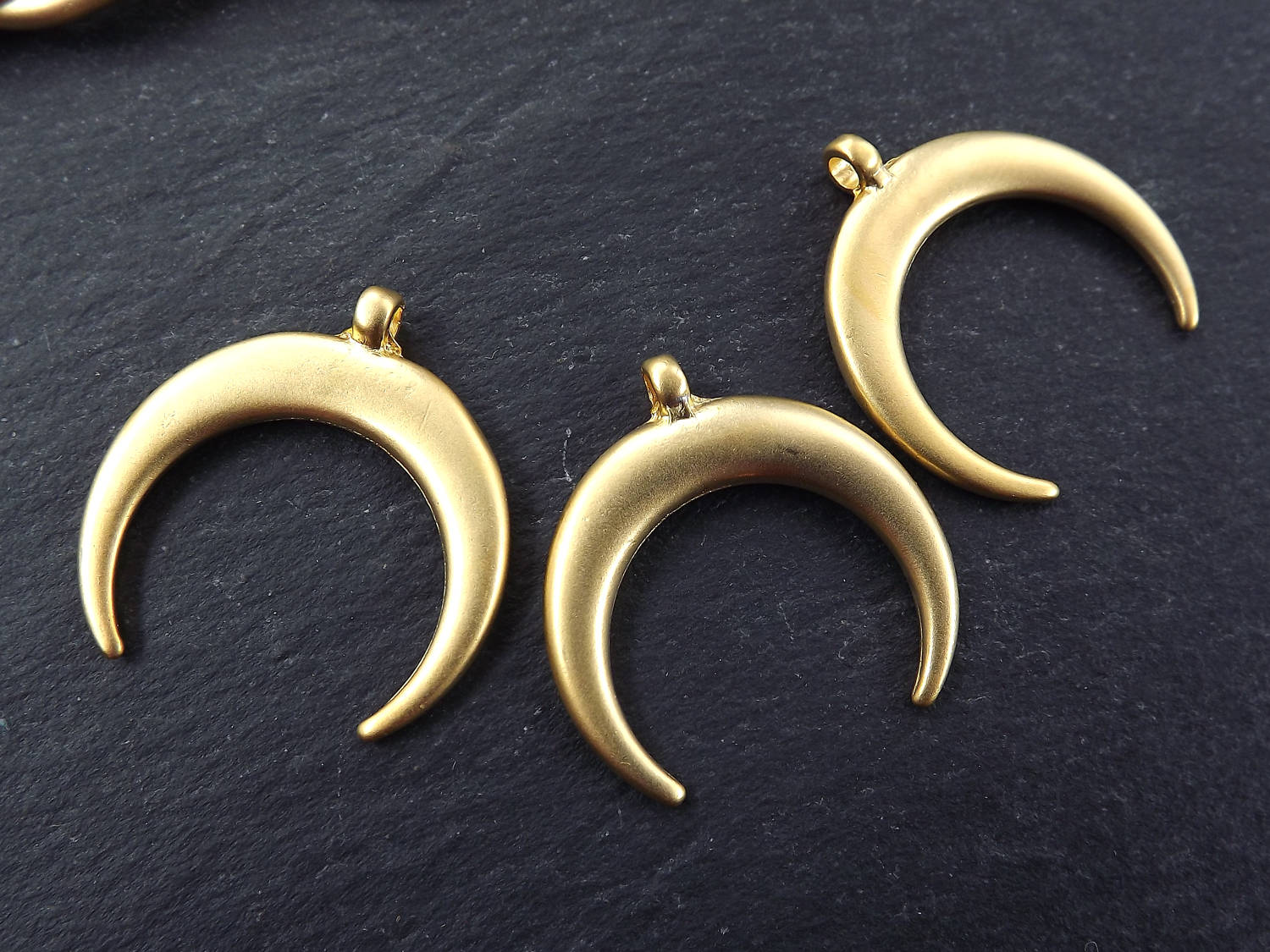 Crescent Double Horn Pendant Charms, Tribal Charm, Moon Charms, 22k Matte Gold Plated 3pc