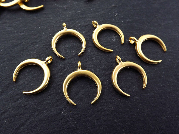 6 Gold Crescent Double Horn Charms, Crescent Pendant, Tribal Charms, Moon Charms, Bracelet Charms, 22k Matte Gold Plated
