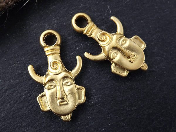 Tribal Mask Charms, Mask Pendant, Ethnic Charms, Gold Mask, African Mask, Aztec, Gold Charms, Gold Mask Charms -22k Matte Gold Plated - 2PC