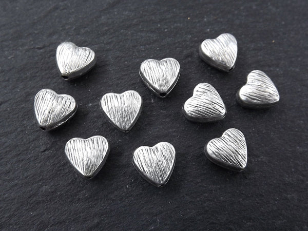 10 Textured Heart Bead Spacers - Matte Antique Silver Plated