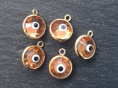 5 Peach Orange Evil Eye Nazar Crystal Charms - Gold Plated Brass Bezel