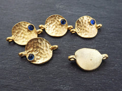 5 Rustic Cast Hammered Warped Disc Charm Connectors with Blue Glass Accent - 22k Matte Gold Plated