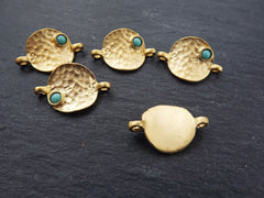 5 Rustic Cast Hammered Warped Disc Charm Connectors with Turquoise Glass Accent, Gold Charm, Bracelet Charm, Boho - 22k Matte Gold Plated