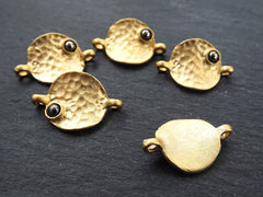 5 Rustic Cast Hammered Warped Disc Charm Connectors with Shiny Greystone Glass Accent - 22k Matte Gold Plated