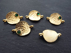 5 Rustic Cast Hammered Warped Disc Charm Connectors with Emerald Green Glass Accent - 22k Matte Gold Plated