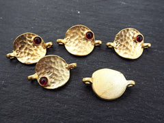 5 Rustic Cast Hammered Warped Disc Charm Connectors with Red Glass Accent - 22k Matte Gold Plated