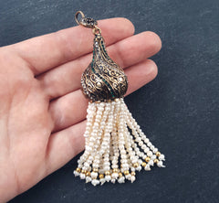 Large Freshwater Pearl Beaded Tassel with Crystal Accents Twisted Cap - Antique Bronze - 1PC