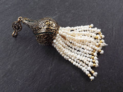 Large Freshwater Pearl Beaded Tassel with Crystal Accents Twisted Cap - Antique Bronze - 1PC