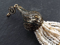 Large Freshwater Pearl Beaded Tassel with Crystal Accents Twisted Cap - Antique Bronze - 1PC