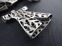 Extra Large Turkish Caftan Pendant with Bail Tulip Fretwork Pattern Turkish Jewelry Making Supplies Antique - Matte Silver Plated - 1PC