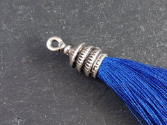 Royal Blue Silk Thread Tassel Pendant with Tiered Matte Antique Silver Plated Cap - Jewelry Making Tassel Supplies - 76mm = 3 inches - 1 pc