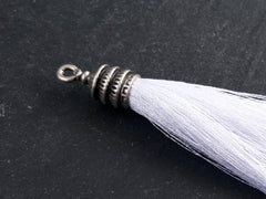 White Silk Thread Tassel Pendant with Tiered Matte Antique Silver Plated Cap - Jewelry Making Tassel Supplies - 76mm = 3 inches - 1 pc