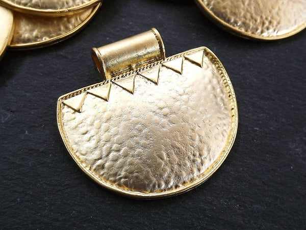 Extra Large Semi Circular Hammered Tribal Pendant Half Circle with Triangle Pattern 22k Matte Gold Plated Turkish Jewelry Supplies