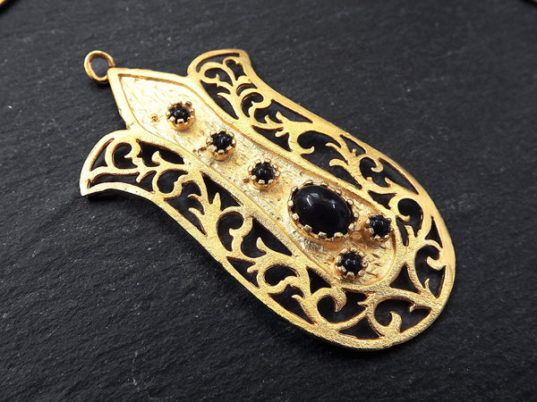 Rustic Fretwork Tulip Pendant Prong Set Black Glass Accents -  22k Matte Gold plated 1pc