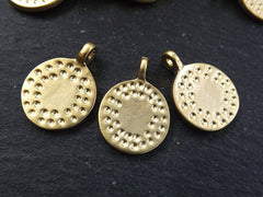 3 Small Dotted Round Gold Disc Pendants with Side Facing Loop Ethnic Pendant Bracelet Charm Zen Yoga Jewelry Supplies 22k Matte Gold Plated