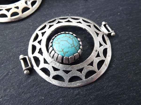 Turquoise Stone Fretworked Circle Connector Pendant - Matte Silver Plated - 1PC