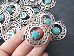 Turquoise Stone Fretworked Circle Connector Pendant - Matte Silver Plated - 1PC