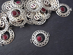 Garnet Red Jade Stone Fretworked Circle Connector Pendant - Matte Silver Plated - 1PC