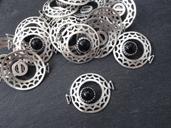 Black Onyx Stone Fretworked Circle Connector Pendant - Matte Silver Plated - 1PC