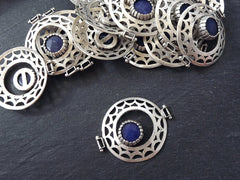 Royal Blue Jade Stone Fretworked Circle Connector Pendant - Matte Silver Plated - 1PC