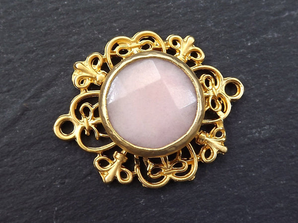 Curly Filigree Connector Pale Pink Jade Stone - Jewelry Making Supplies Findings - 22k Matte Gold Plated - 1PC - TYPE 2