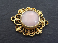 Curly Filigree Connector Pale Pink Jade Stone - Jewelry Making Supplies Findings - 22k Matte Gold Plated - 1PC - TYPE 2