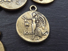 Greek Medallion Rustic Cast Coin Pendant Pamphylia Silver Tetradrachm Athena Greek Mythology Greek Goddess - Antique Bronze Plated - 2pc