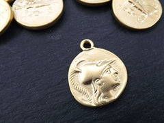 Gold Greek Coin, Gold Medallion, Rustic Cast Pendant, Replica Coin, Gold Coin, Pamphylia, Tetradrachm, Athena, 22k Matte Gold Plated - 2pc