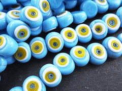 6 Light Sky Blue Artisan Handmade Glass Evil Eye Nazar Medium Bead with Yellow Iris - 16 mm - VALUE PACK