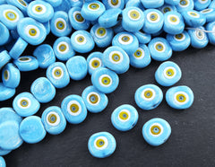 6 Sky Blue Evil Eye Nazar Glass Bead with Yellow Iris - Traditional Artisan Turkish Handmade Protective Lucky Amulet  26 mm - VALUE PACK