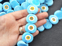 6 Sky Blue Evil Eye Nazar Glass Bead with Yellow Iris - Traditional Artisan Turkish Handmade Protective Lucky Amulet  26 mm - VALUE PACK
