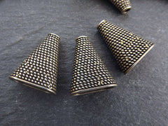 3 Large Dotted Twisted Weave Detail Flat Cone Bead End Caps -  Antique Bronze Plated Round Bead caps