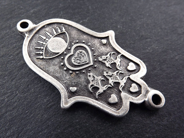 Evil Eye Heart Fish Motif Hamsa Hand of Fatima Pendant Connector Matte Antique Silver Plated - 1PC