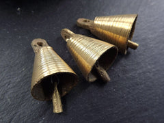 3 Small Rustic Cast Raw Brass Tribal Ethnic Bell Pendant 28mm - Jewelry Supplies Home Decor Costume Design - No:2 Bar Clapper