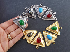 Tribal Triangle Geometric Pendant with Green Glass Accent Rustic Cast - 22k Matte Gold Plated