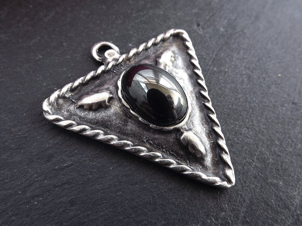 Tribal Triangle Geometric Pendant with Black Silver Glass Accent Rustic Cast - Matte Antique Silver Plated