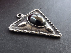 Tribal Triangle Geometric Pendant with Black Silver Glass Accent Rustic Cast - Matte Antique Silver Plated