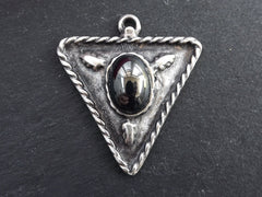 Tribal Triangle Geometric Pendant with Black Silver Glass Accent Rustic Cast - Matte Antique Silver Plated