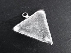 Tribal Triangle Geometric Pendant with Black Silver Glass Accent Rustic Cast - Matte Antique Silver Plated