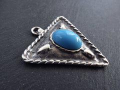 Tribal Triangle Geometric Pendant with Pale Blue Glass Accent Rustic Cast - Matte Antique Silver Plated