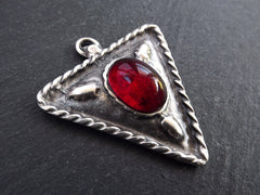 Silver Triangle Pendant, Red Glass Accent, Tribal Pendant, Geometric Pendant, Rustic Pendant, Ethnic Pendant, Matte Antique Silver Plated