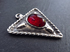 Silver Triangle Pendant, Red Glass Accent, Tribal Pendant, Geometric Pendant, Rustic Pendant, Ethnic Pendant, Matte Antique Silver Plated