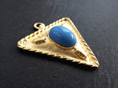 Tribal Triangle Geometric Pendant with Pale Blue Glass Accent Rustic Cast - 22k Matte Gold Plated