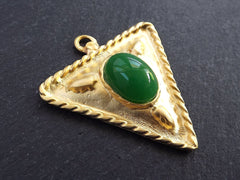 Tribal Triangle Geometric Pendant with Green Glass Accent Rustic Cast - 22k Matte Gold Plated